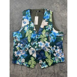 VATPAVE XL Steampunk Floral Vest Blue Green White Button Front Pockets Belted